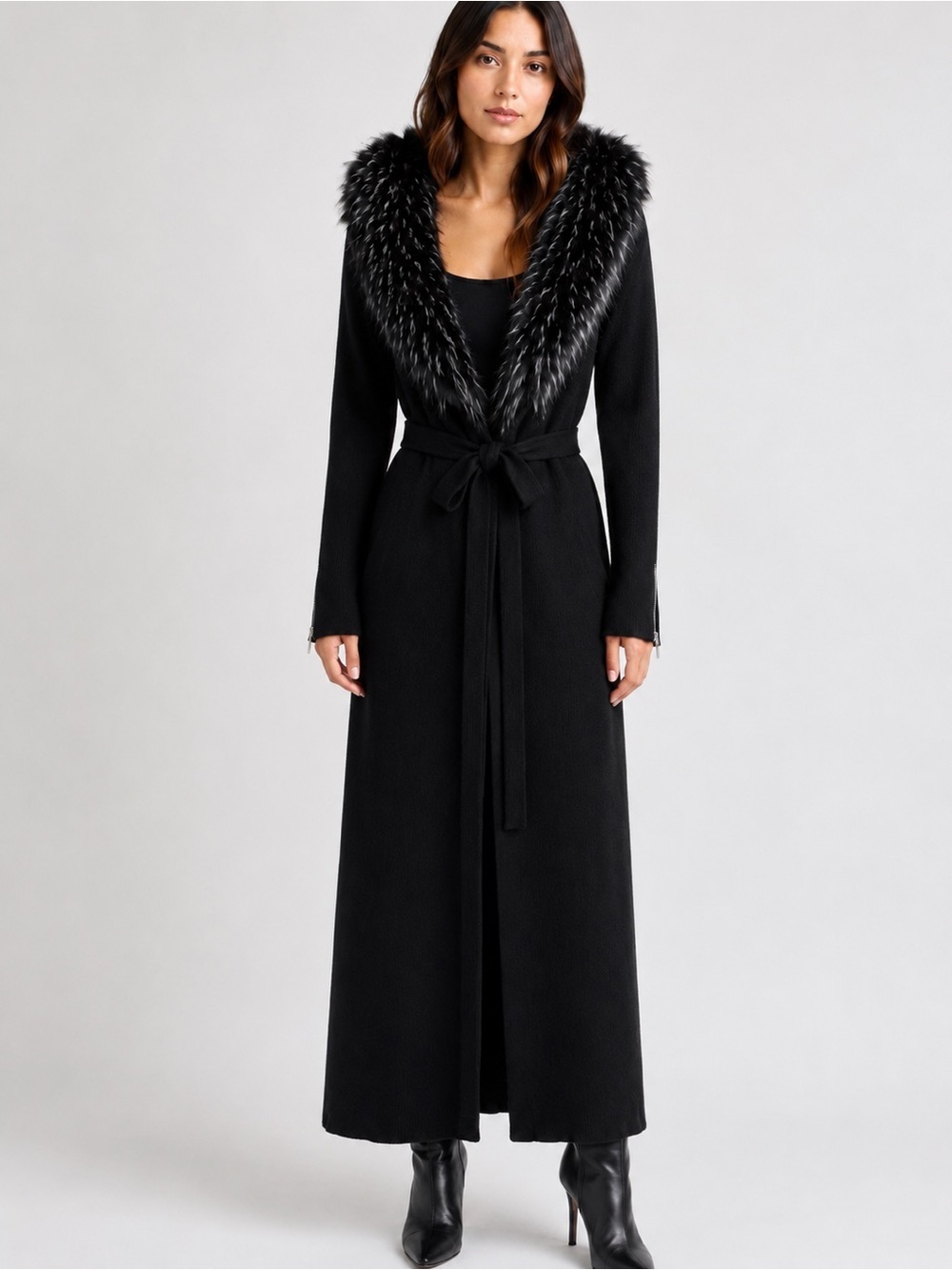 Fontana Black Long Knit Cardigan L Stretchy Faux Fur Adjustable Shawl Collar New